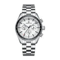 Front view of a men's multi-function mechanical watch with a white panda dial and stainless steel bracelet