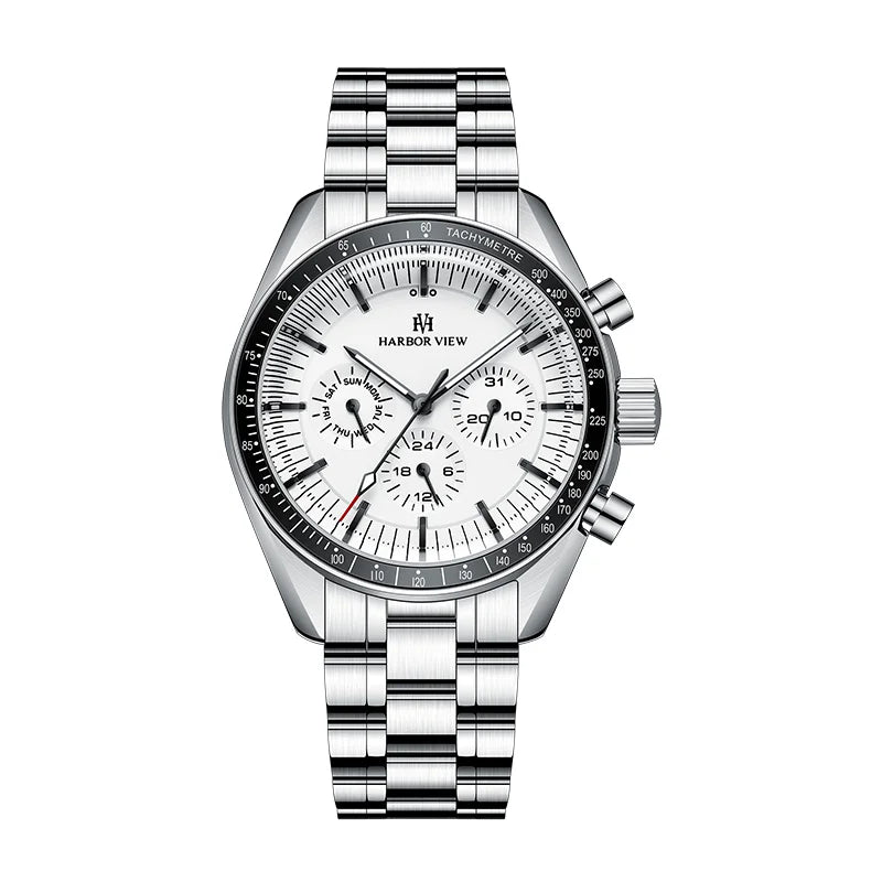 Front view of a men's multi-function mechanical watch with a white panda dial and stainless steel bracelet