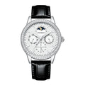 Men's multi-function automatic mechanical watch with white sunburst dial, moon phase, and diamond-set bezel