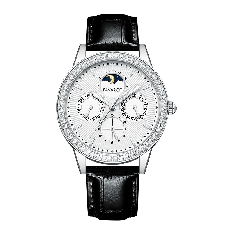 Men's multi-function automatic mechanical watch with white sunburst dial, moon phase, and diamond-set bezel