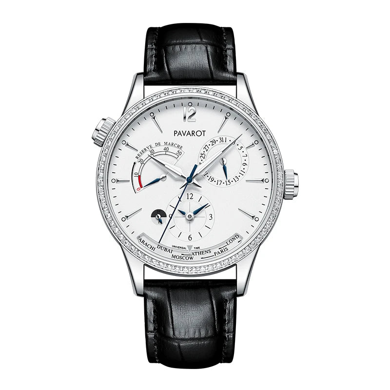 Men's multi-function automatic mechanical watch with white dial, power reserve, and diamond bezel   
