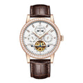 Men's rose gold automatic mechanical watch with crystal diamond bezel and white multi-function dial