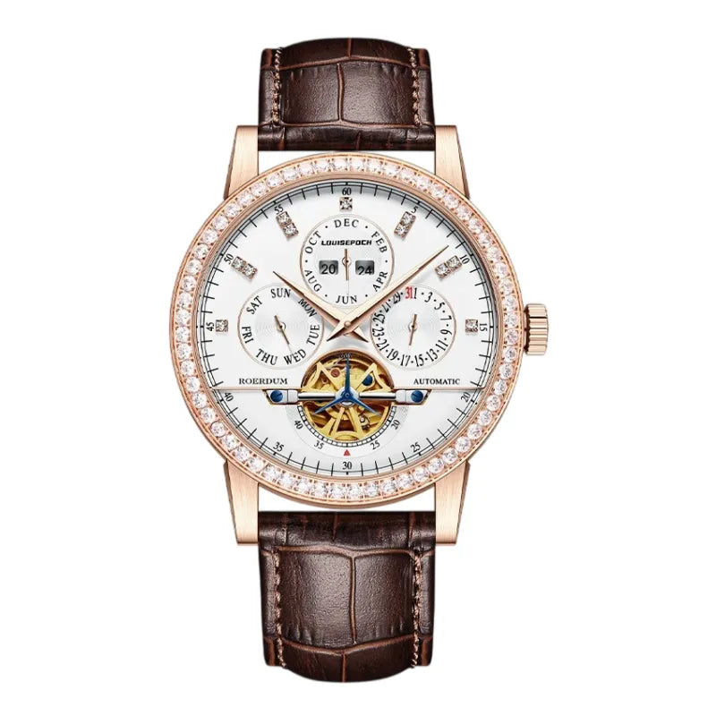 Men's rose gold automatic mechanical watch with crystal diamond bezel and white multi-function dial