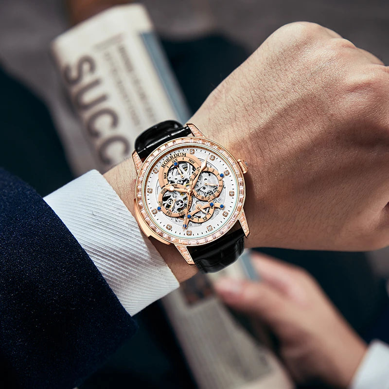 Close-up wrist shot of man wearing rose gold diamond watch while holding a champagne glass