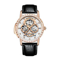 Men's rose gold skeleton automatic watch with diamond bezel, full calendar dial, and black leather strap