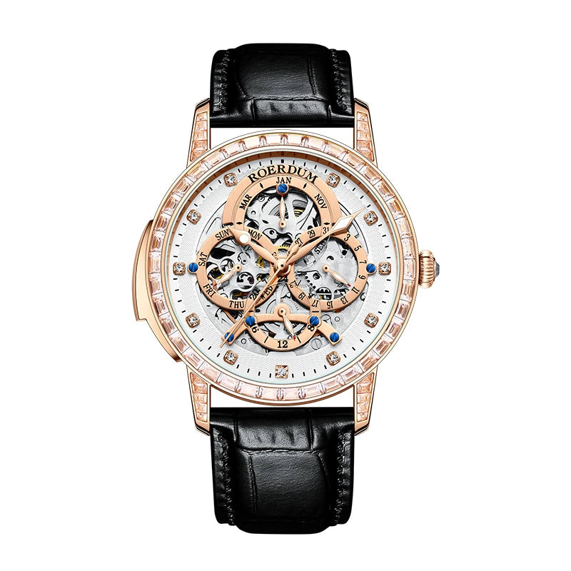 Men's rose gold skeleton automatic watch with diamond bezel, full calendar dial, and black leather strap