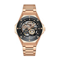 Men's rose gold skeleton automatic mechanical watch with black bezel and integrated steel bracelet