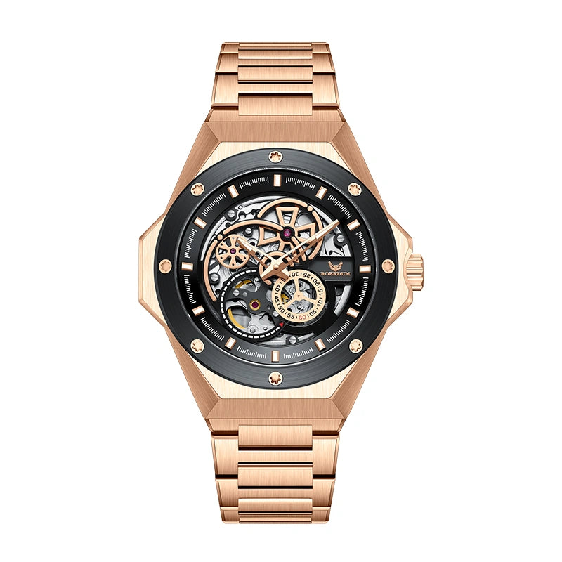 Men's rose gold skeleton automatic mechanical watch with black bezel and integrated steel bracelet