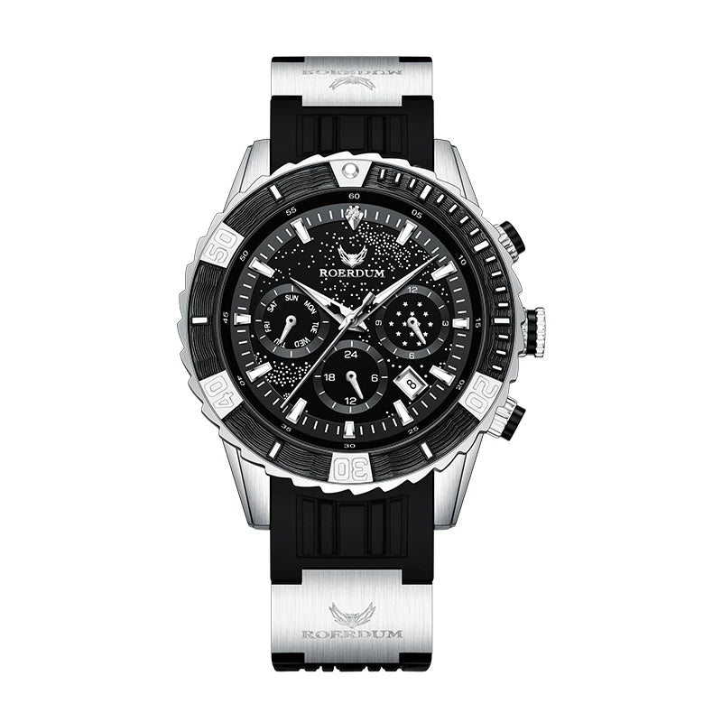 Men's celestial starry black dial watch with diver bezel, multi-function calendar, and silicone strap
