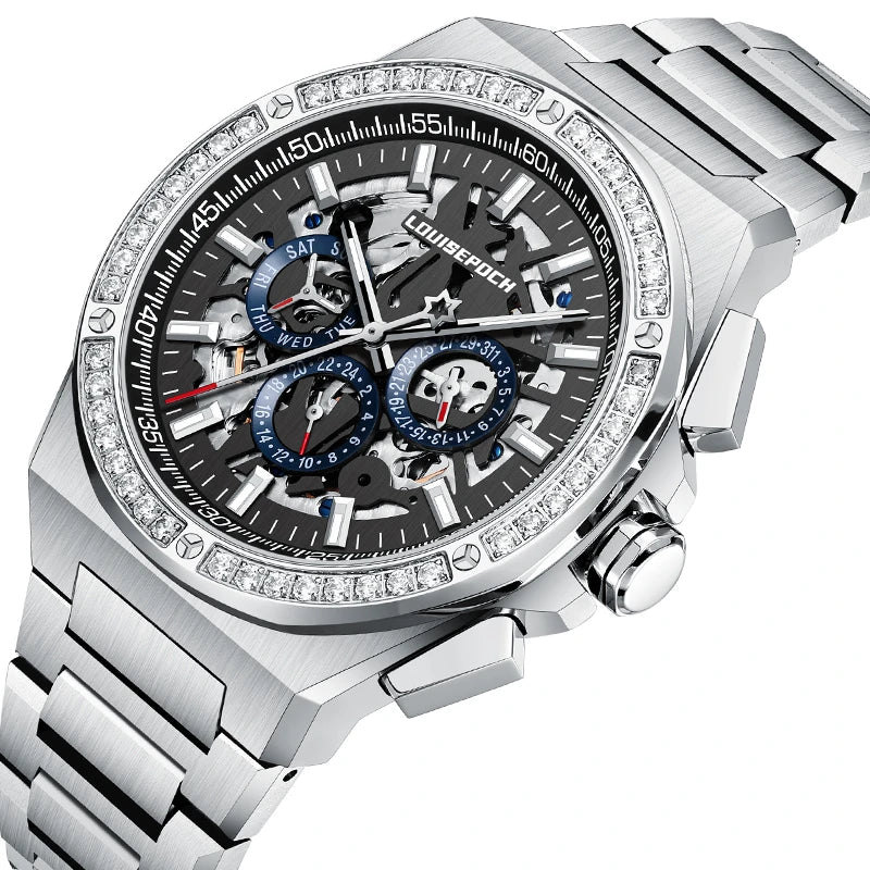 Close-up angled view showing the intricate skeleton dial and diamond bezel of the luxury mechanical watch