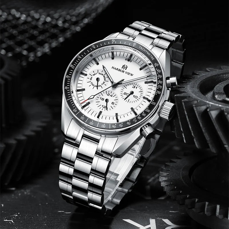 Men's multi-function automatic watch presented against an industrial gear backdrop