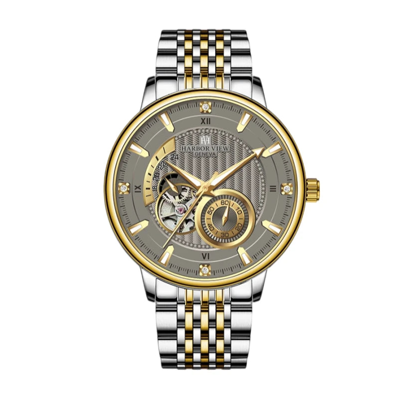 Front view of a men's two-tone automatic mechanical watch with a grey guilloche dial and flywheel window