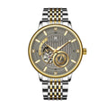 Front view of a men's two-tone automatic mechanical watch with a grey guilloche dial and flywheel window