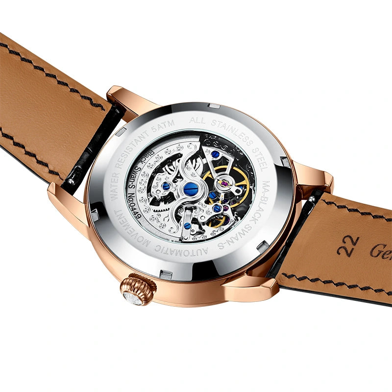 Close-up of the black leather strap with a textured finish and visible stitching