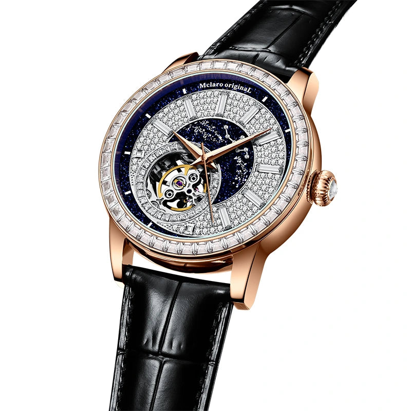 Men's blue skeleton dial watch with a rose gold-tone case worn on the wrist