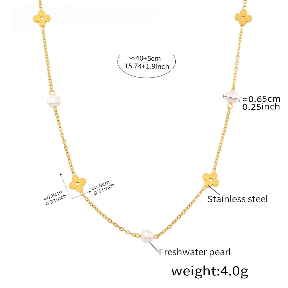 Lifestyle shot of the minimalist 18K gold plated flower and pearl jewelry set on a neutral aesthetic background