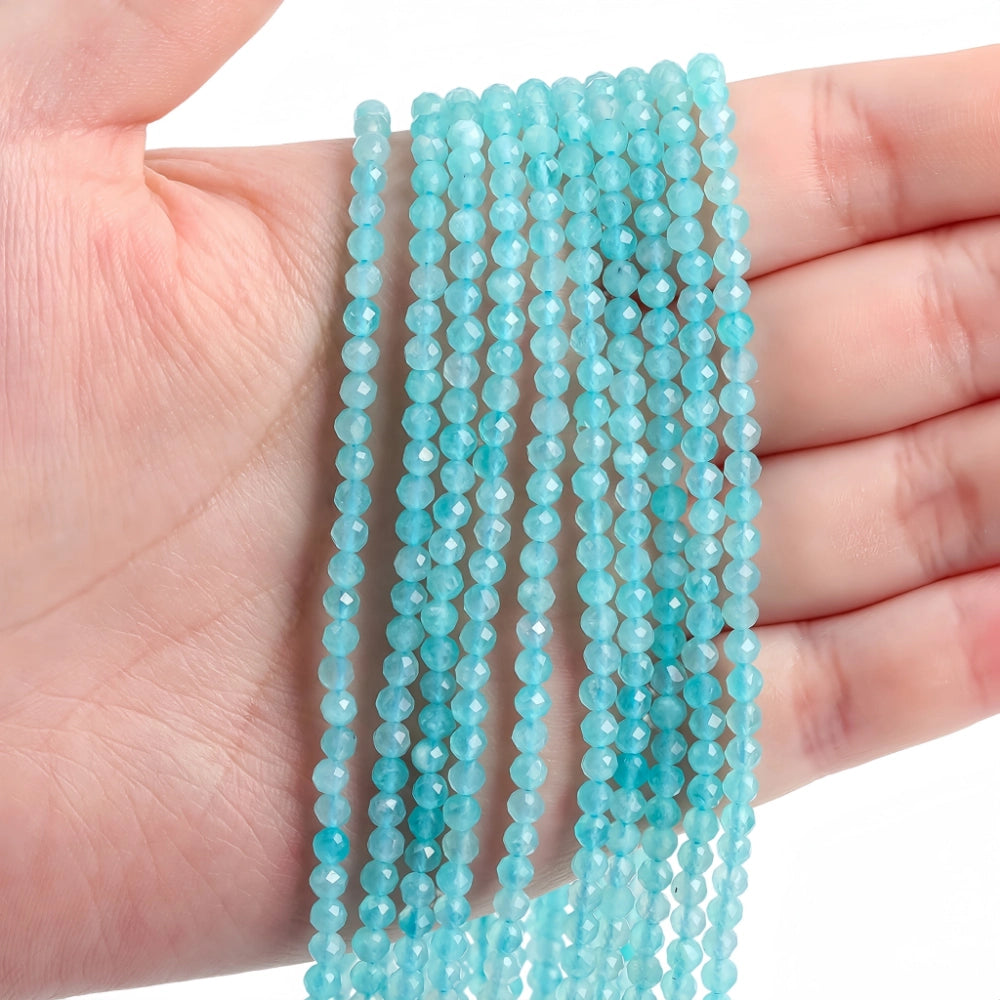 Natural amazonite micro faceted beads in 2mm, 3mm, 4mm. Turquoise blue stone spacer beads for delicate bracelets and DIY jewelry making