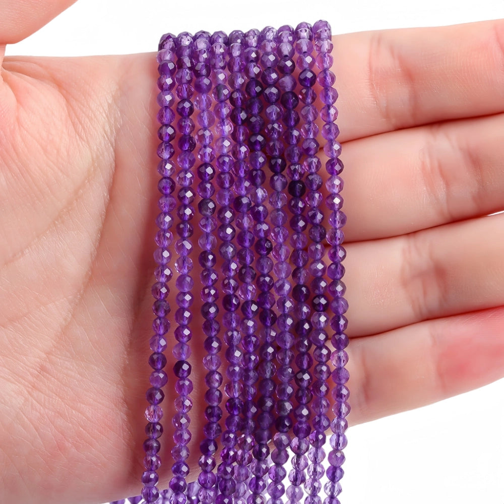 Natural amethyst micro faceted beads in 2mm, 3mm, 4mm. Deep purple stone spacer beads for delicate bracelets and DIY jewelry making