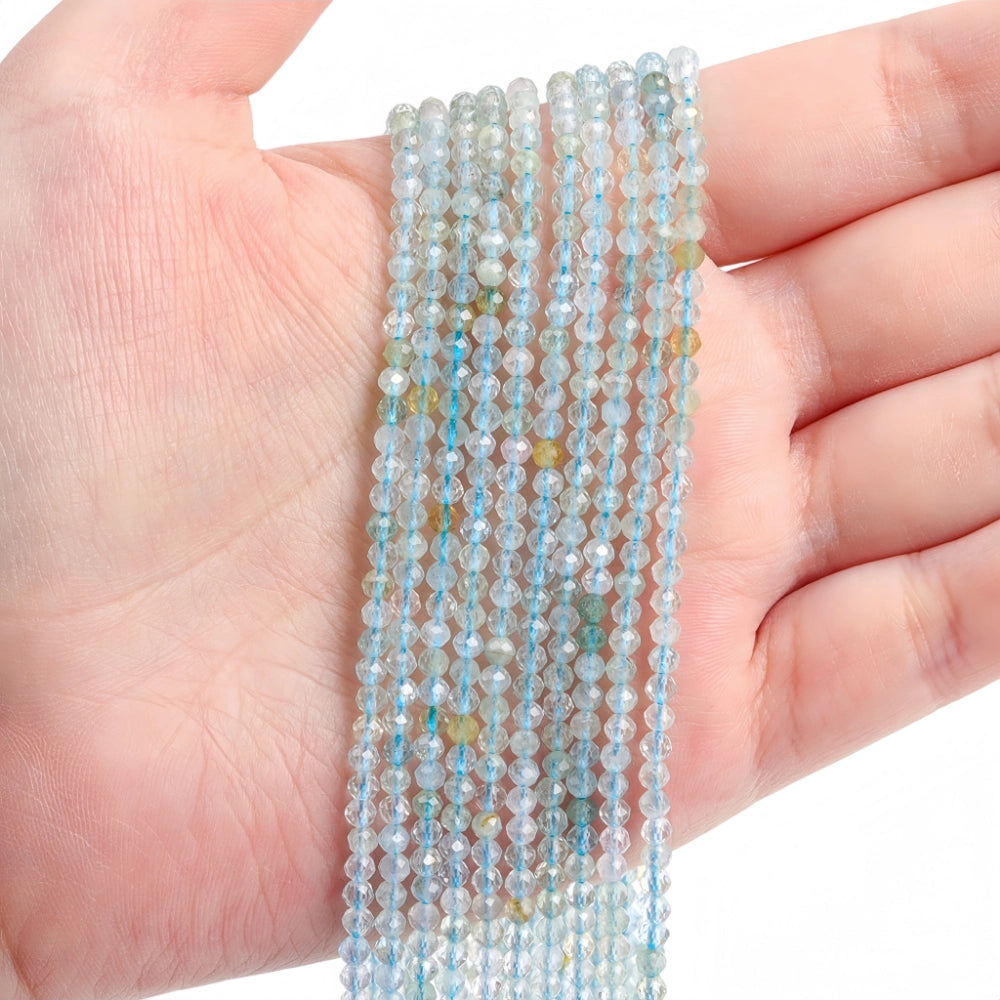Natural aquamarine micro faceted beads in 2mm, 3mm, 4mm. Icy blue stone spacer beads for delicate bracelets and DIY jewelry making