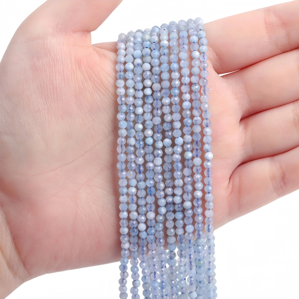 Natural aquamarine micro faceted beads in 2mm, 3mm, 4mm. Icy blue stone spacer beads for delicate bracelets and DIY jewelry making