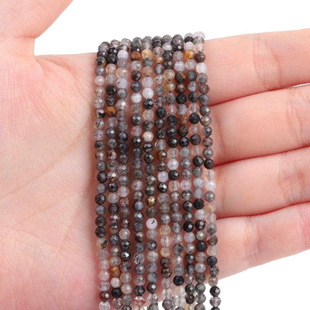 Genuine natural black rutilated quartz micro faceted beads. Sparkling black and clear spacer beads in 2mm 3mm 4mm for minimalist layered necklaces and boutique jewelry