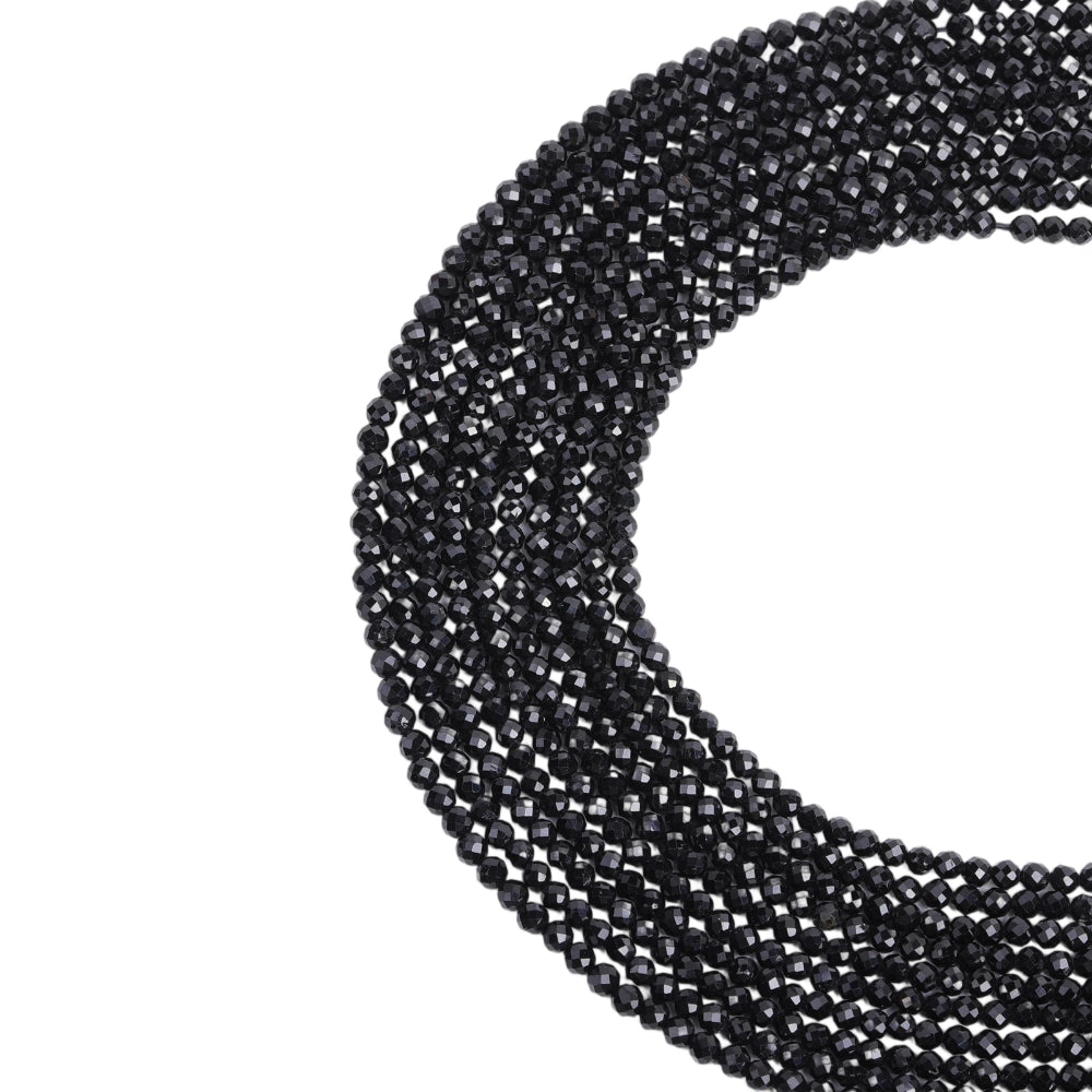 Natural black tourmaline micro faceted beads in 2mm, 3mm, 4mm. Black stone spacer beads for delicate bracelets and DIY jewelry making