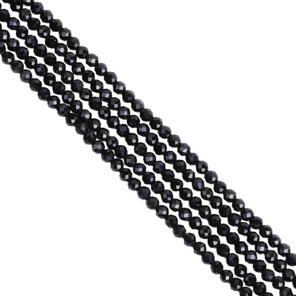 Natural black tourmaline micro faceted beads in 2mm, 3mm, 4mm. Black stone spacer beads for delicate bracelets and DIY jewelry making