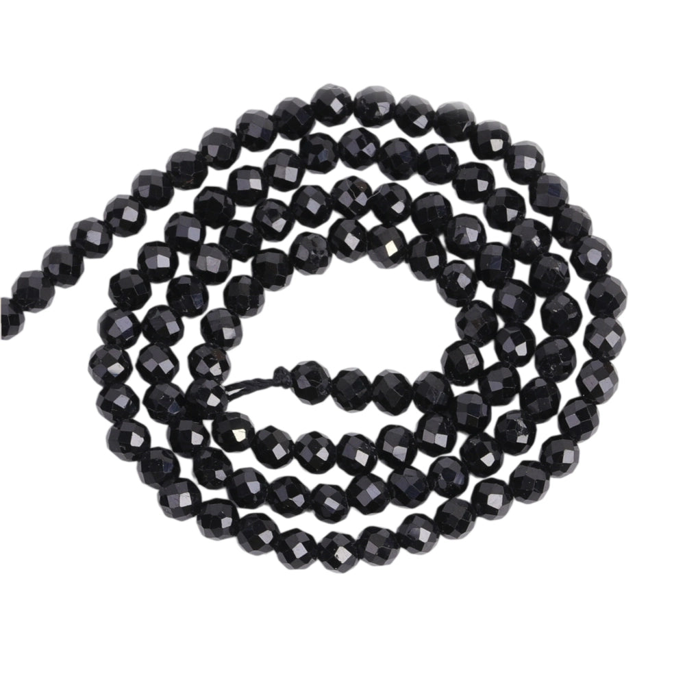 Natural black tourmaline micro faceted beads in 2mm, 3mm, 4mm. Black stone spacer beads for delicate bracelets and DIY jewelry making