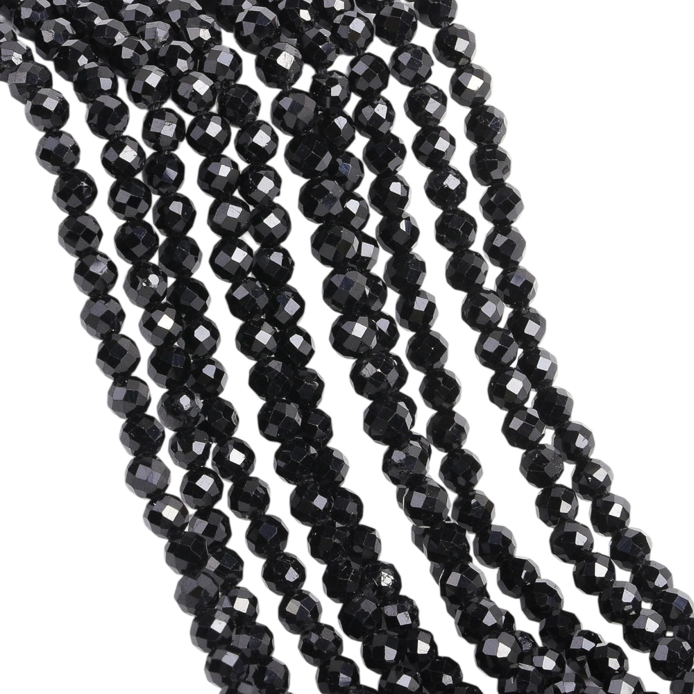 Natural black tourmaline micro faceted beads in 2mm, 3mm, 4mm. Black stone spacer beads for delicate bracelets and DIY jewelry making