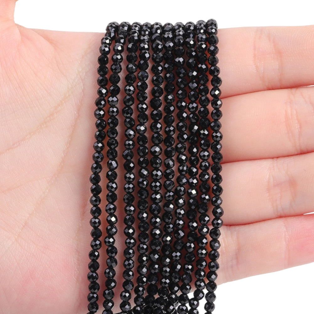 Natural black tourmaline micro faceted beads in 2mm, 3mm, 4mm. Black stone spacer beads for delicate bracelets and DIY jewelry making