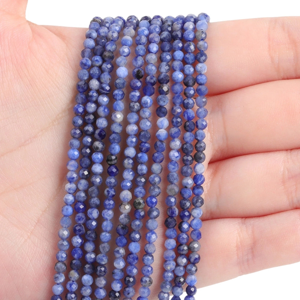 Natural blue sodalite micro faceted beads in 2mm, 3mm, 4mm. Deep blue stone spacer beads for delicate bracelets and DIY jewelry making