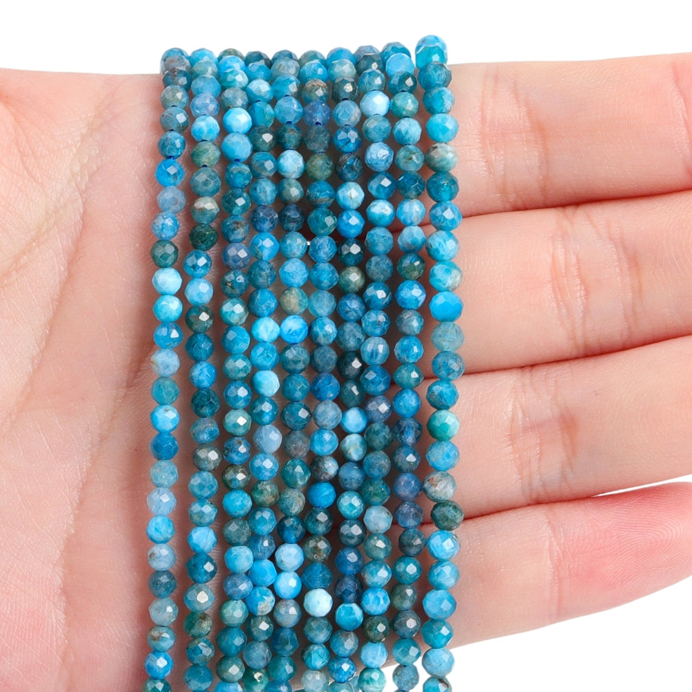 Natural deep blue apatite micro faceted beads in 2mm, 3mm, 4mm. Blue-green stone spacer beads for delicate bracelets and DIY jewelry making