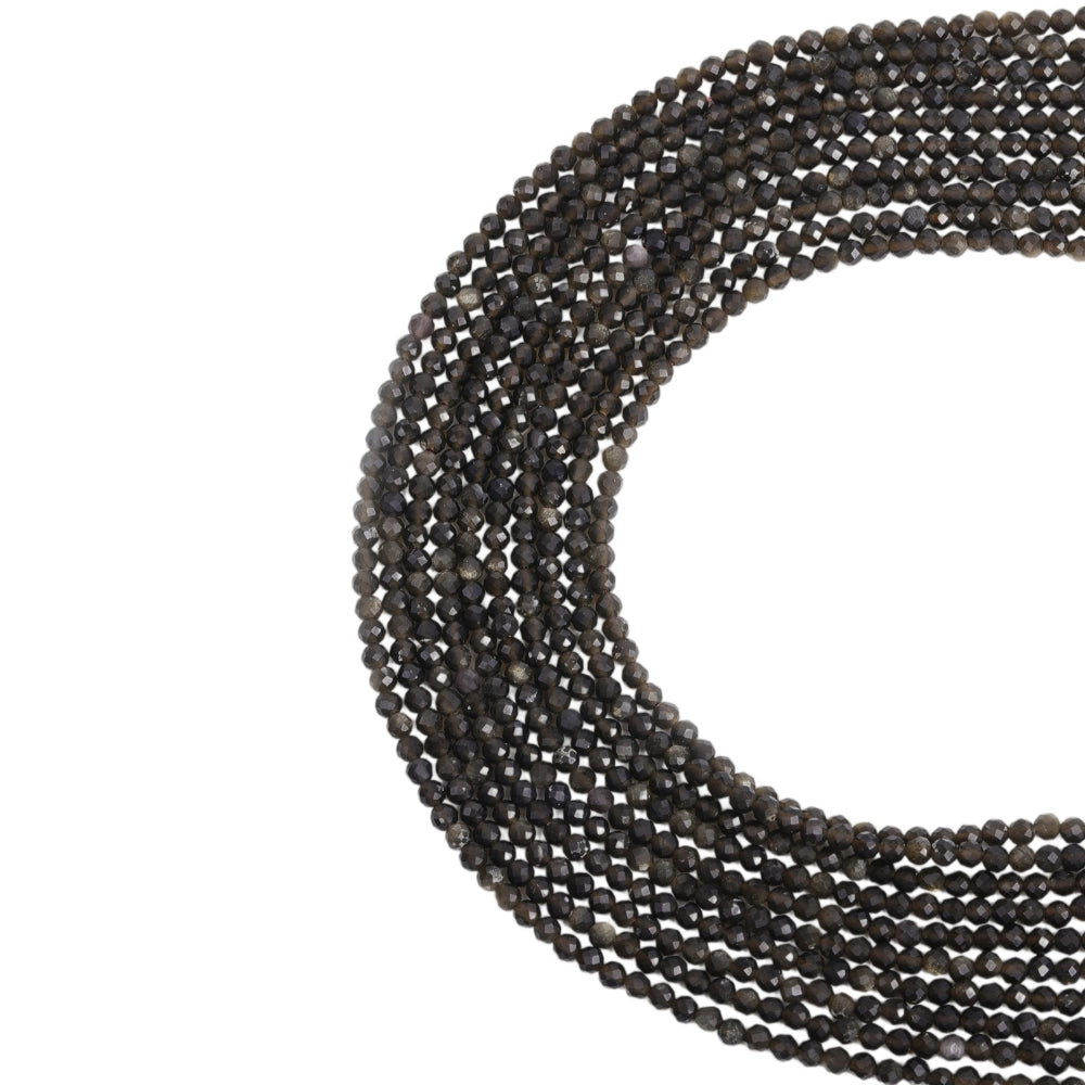 Natural golden sheen obsidian micro faceted beads in 2mm, 3mm, 4mm. Dark brown stone spacer beads for delicate bracelets and DIY jewelry making