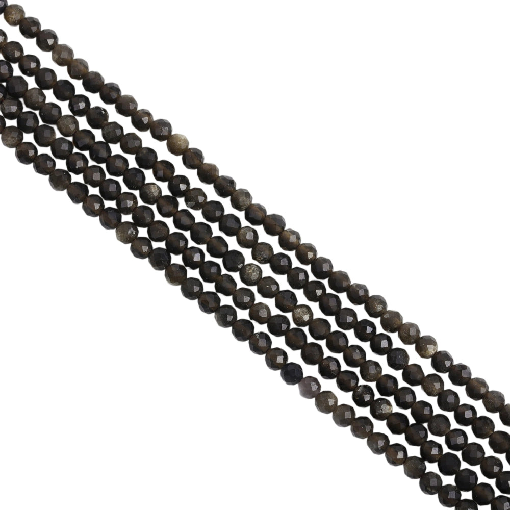 Natural golden sheen obsidian micro faceted beads in 2mm, 3mm, 4mm. Dark brown stone spacer beads for delicate bracelets and DIY jewelry making