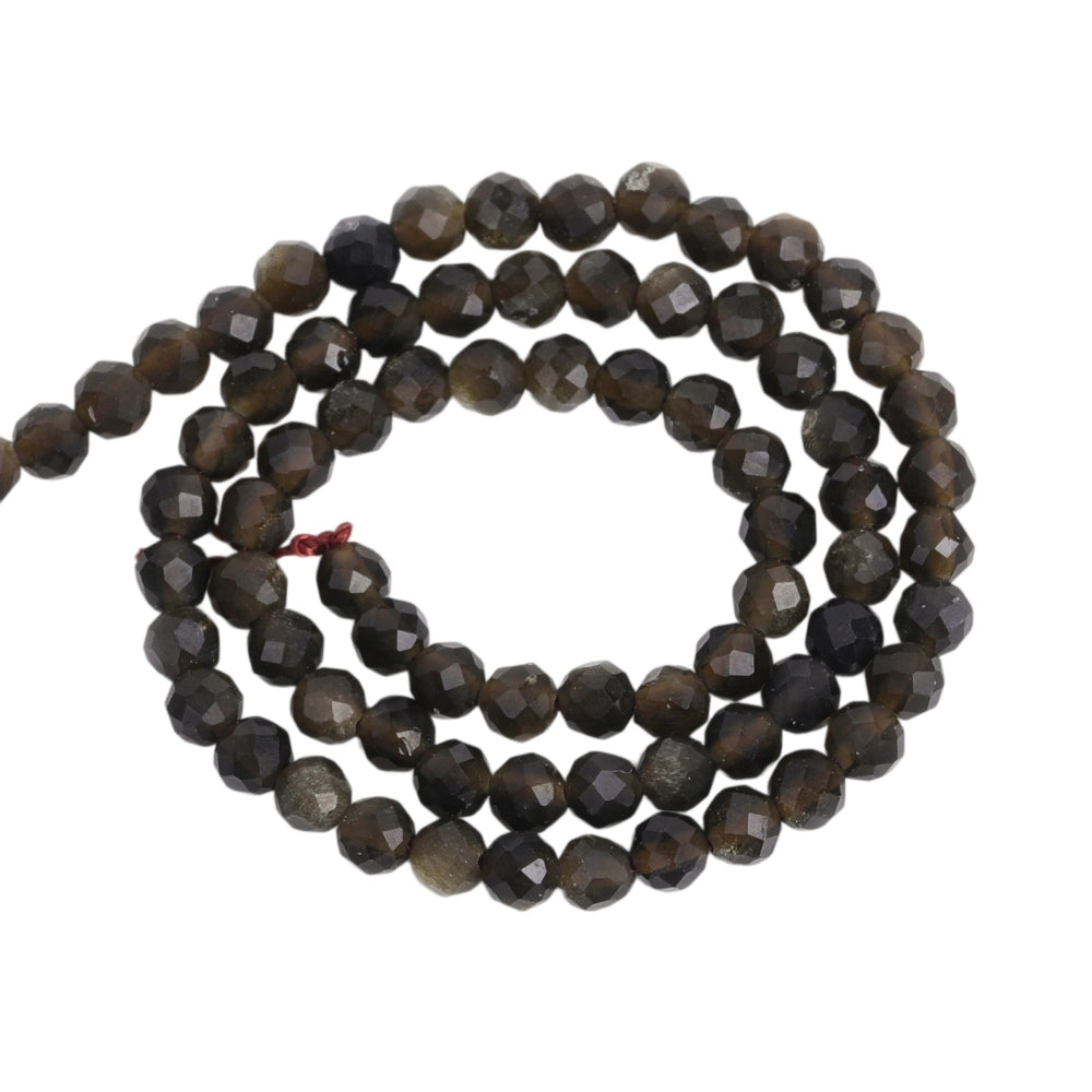 Natural golden sheen obsidian micro faceted beads in 2mm, 3mm, 4mm. Dark brown stone spacer beads for delicate bracelets and DIY jewelry making