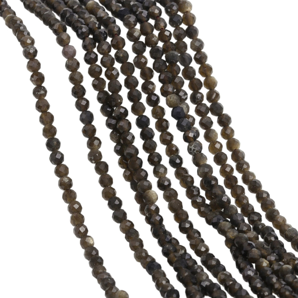 Natural golden sheen obsidian micro faceted beads in 2mm, 3mm, 4mm. Dark brown stone spacer beads for delicate bracelets and DIY jewelry making