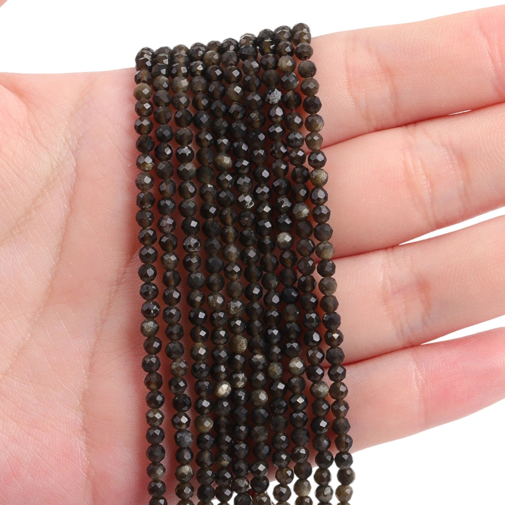 Natural golden sheen obsidian micro faceted beads in 2mm, 3mm, 4mm. Dark brown stone spacer beads for delicate bracelets and DIY jewelry making