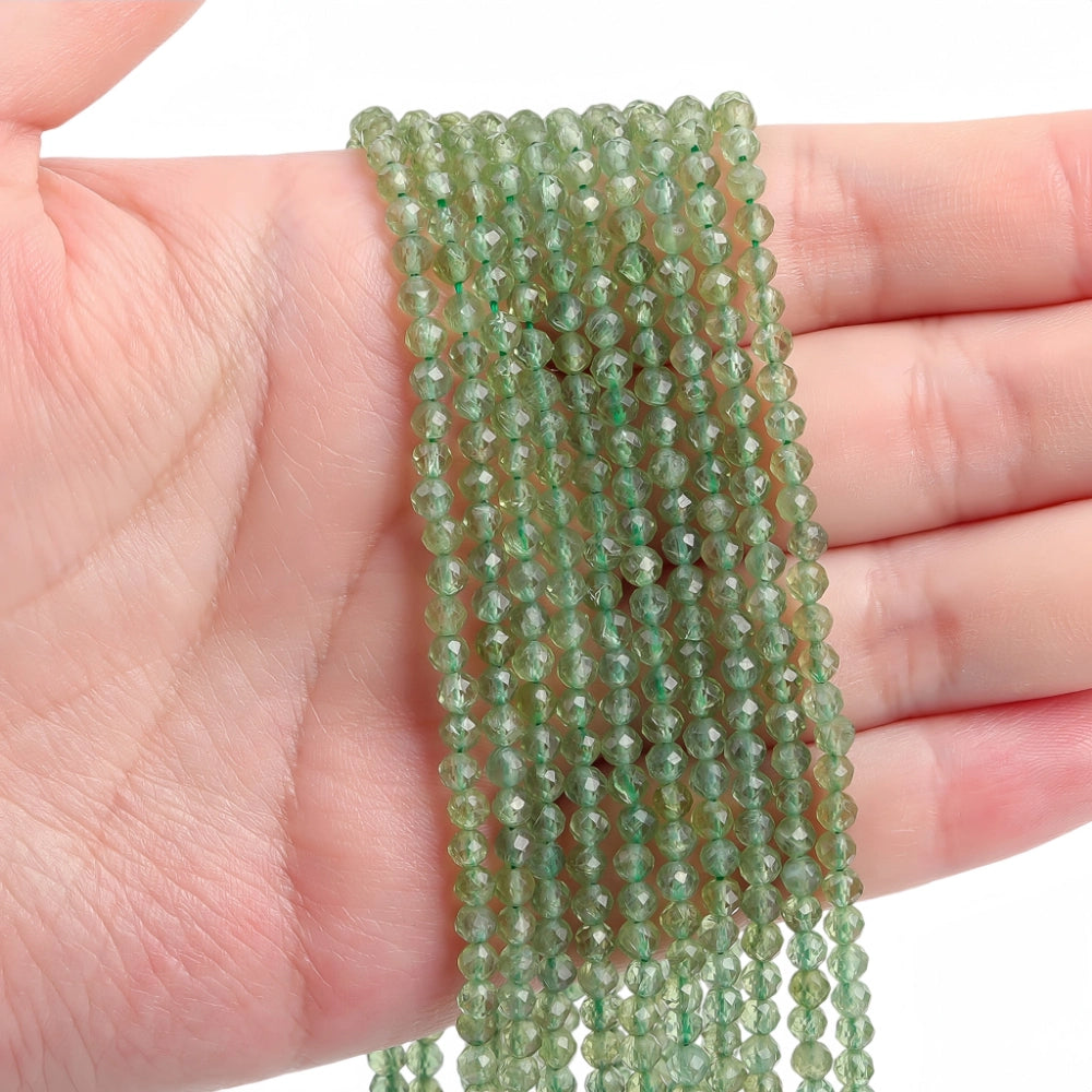 Natural green apatite micro faceted beads in 2mm, 3mm, 4mm. Soft mint green stone spacer beads for delicate bracelets and DIY jewelry making