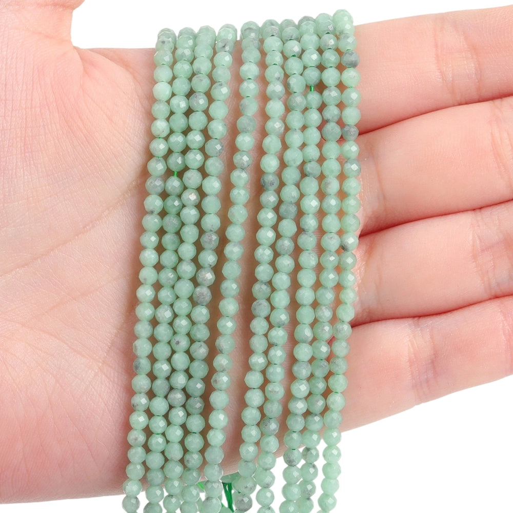 Natural green aventurine micro faceted beads in 2mm, 3mm, 4mm. Green stone spacer beads for delicate bracelets and DIY jewelry making