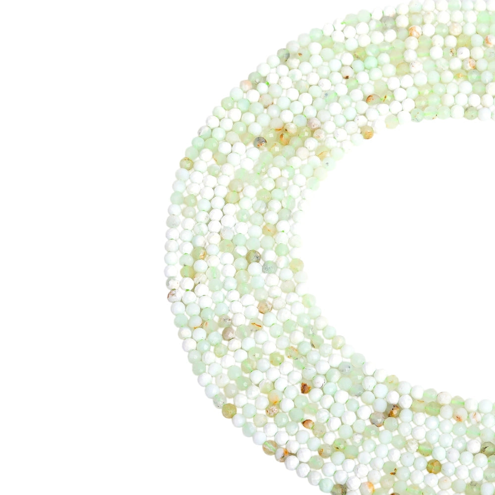 Natural green opal micro faceted beads in 2mm, 3mm, 4mm. Apple green stone spacer beads for delicate bracelets and DIY jewelry making