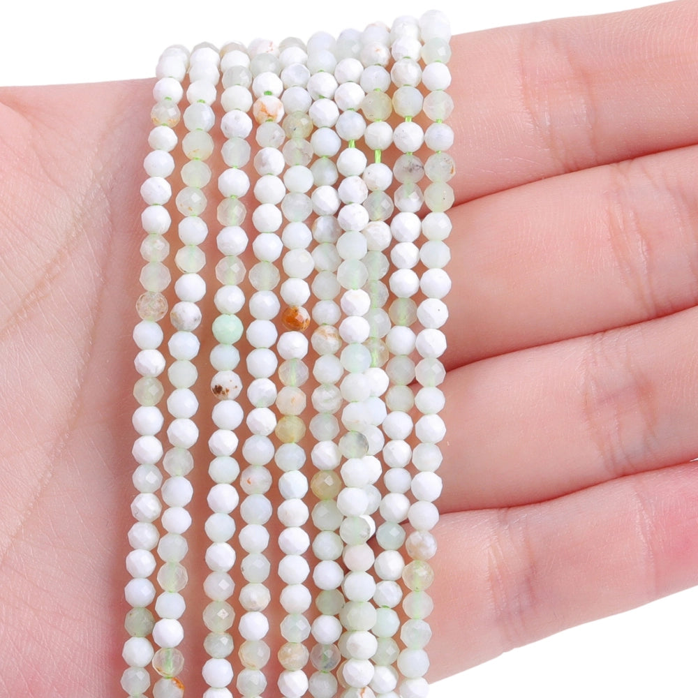 Natural green opal micro faceted beads in 2mm, 3mm, 4mm. Apple green stone spacer beads for delicate bracelets and DIY jewelry making