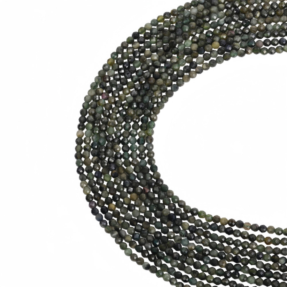 Natural green tourmaline micro faceted beads in 2mm, 3mm, 4mm. Deep forest green stone spacer beads for delicate bracelets and DIY jewelry making