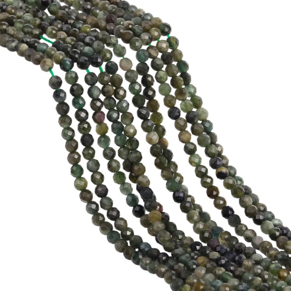Natural green tourmaline micro faceted beads in 2mm, 3mm, 4mm. Deep forest green stone spacer beads for delicate bracelets and DIY jewelry making