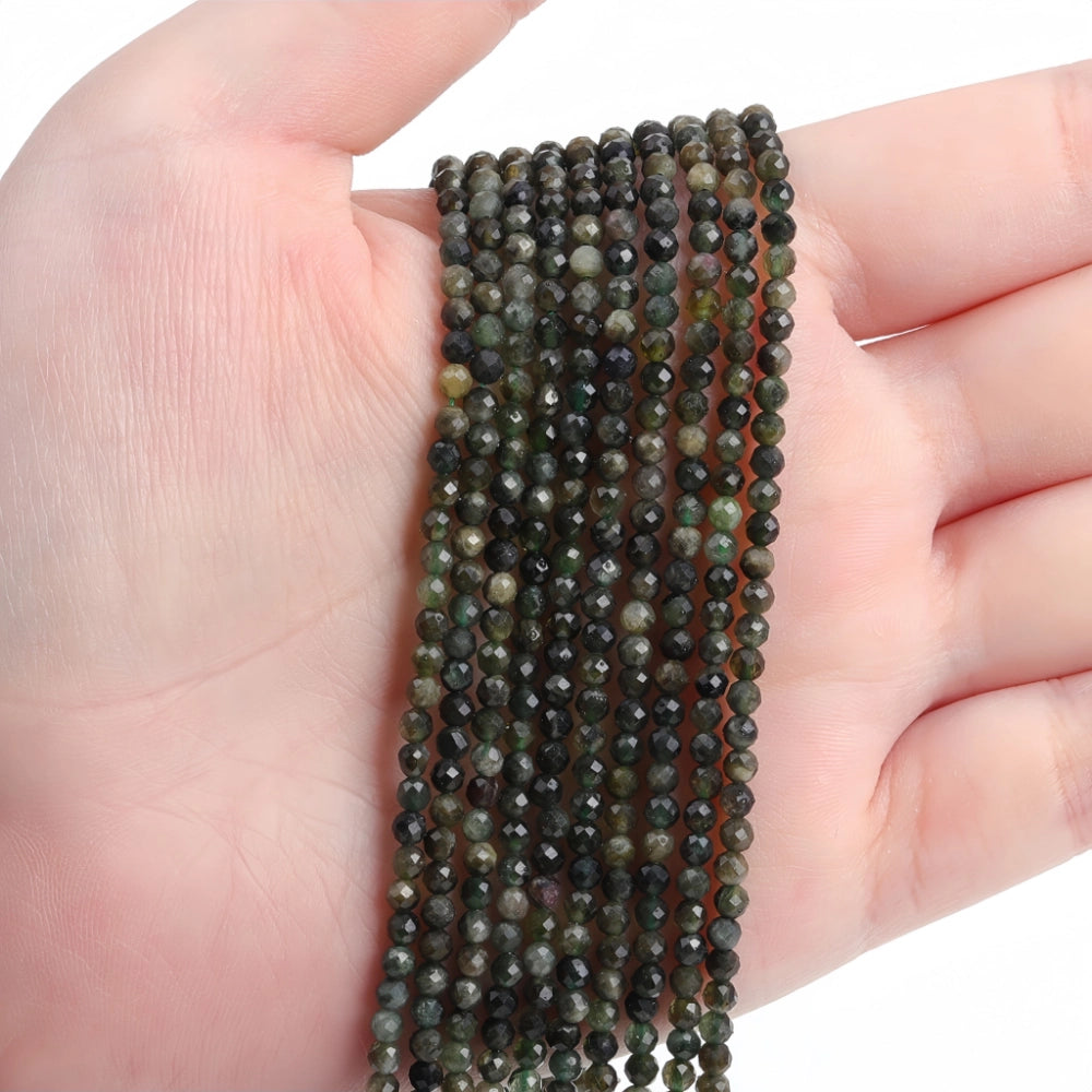 Natural green tourmaline micro faceted beads in 2mm, 3mm, 4mm. Deep forest green stone spacer beads for delicate bracelets and DIY jewelry making