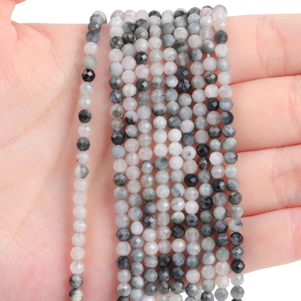 Natural hawk's eye micro faceted beads in 2mm, 3mm, 4mm. Blue grey stone spacer beads for delicate bracelets and DIY jewelry making
