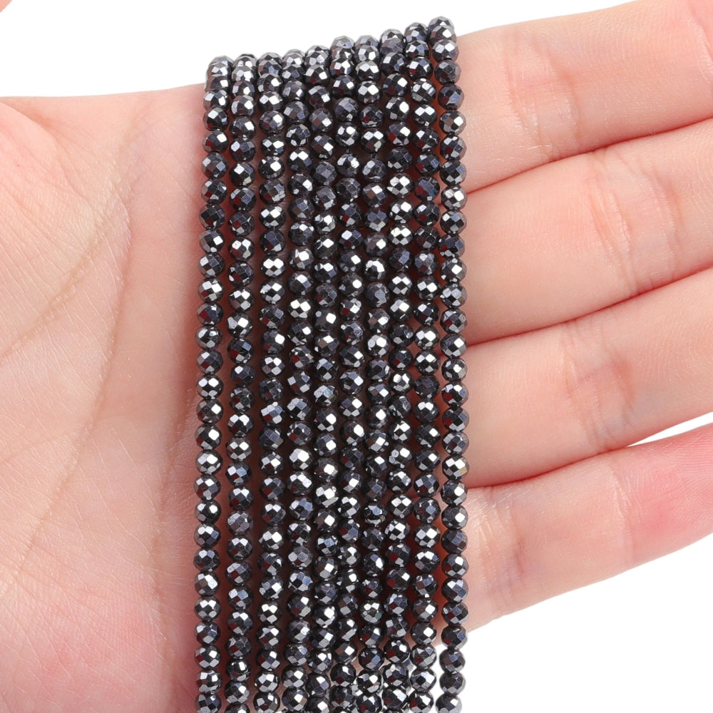 Natural hematite micro faceted beads in 2mm, 3mm, 4mm. Gunmetal gray metallic stone spacer beads for delicate bracelets and DIY jewelry making