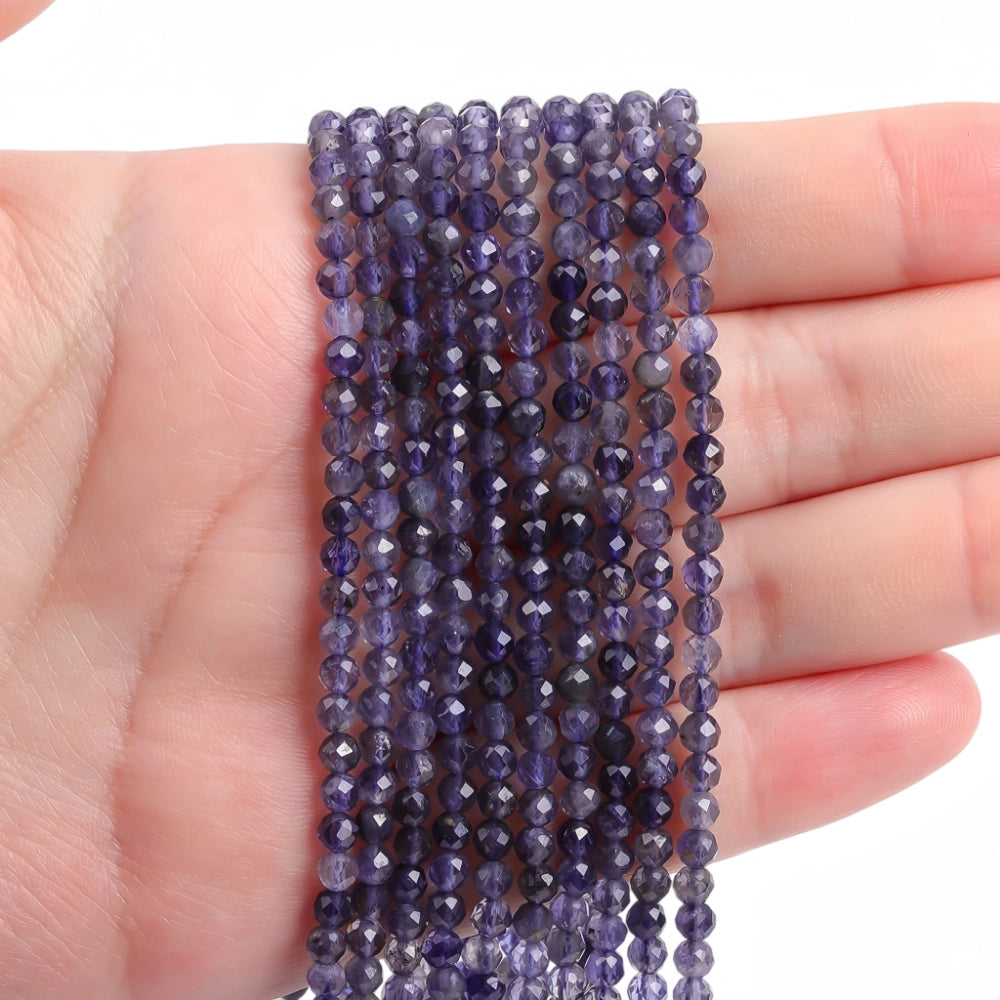 Natural iolite micro faceted beads in 2mm, 3mm, 4mm. Deep blue-violet stone spacer beads for delicate bracelets and DIY jewelry making