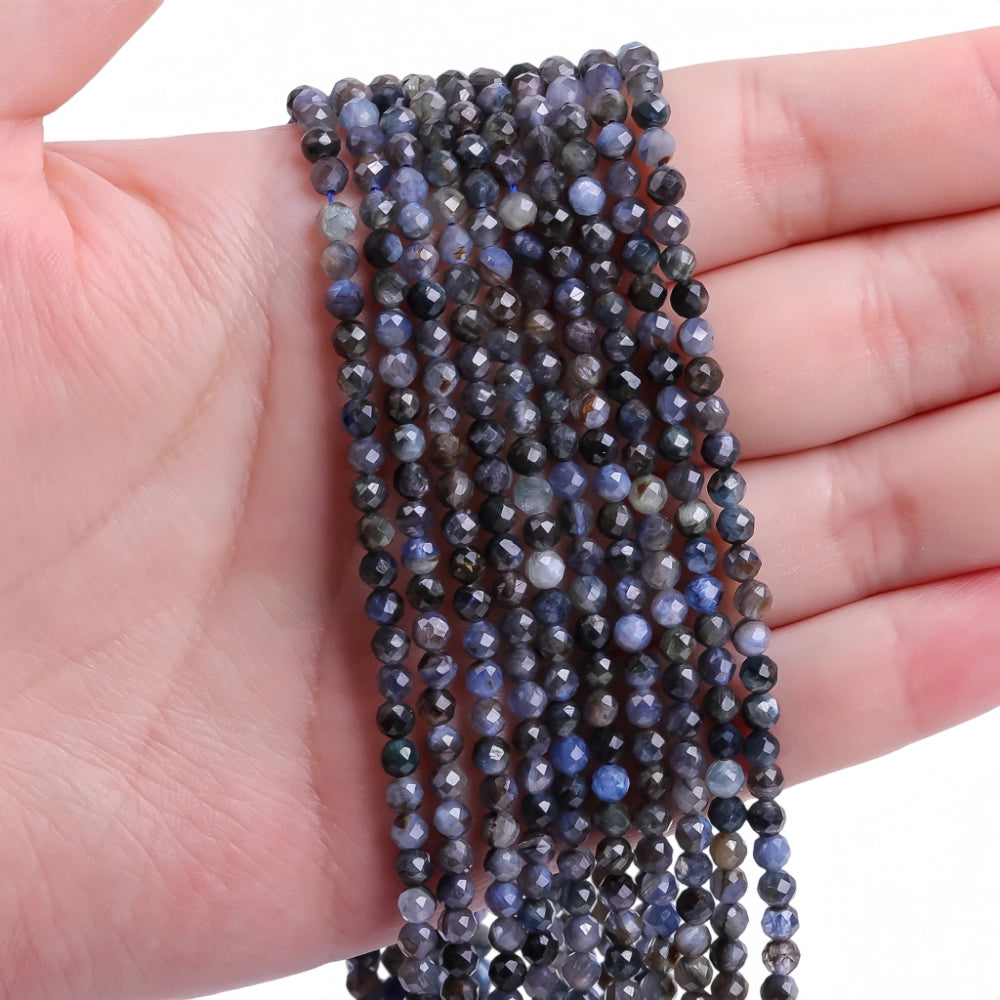 Natural kyanite micro faceted beads in 2mm, 3mm, 4mm. Deep blue stone spacer beads for delicate bracelets and DIY jewelry making