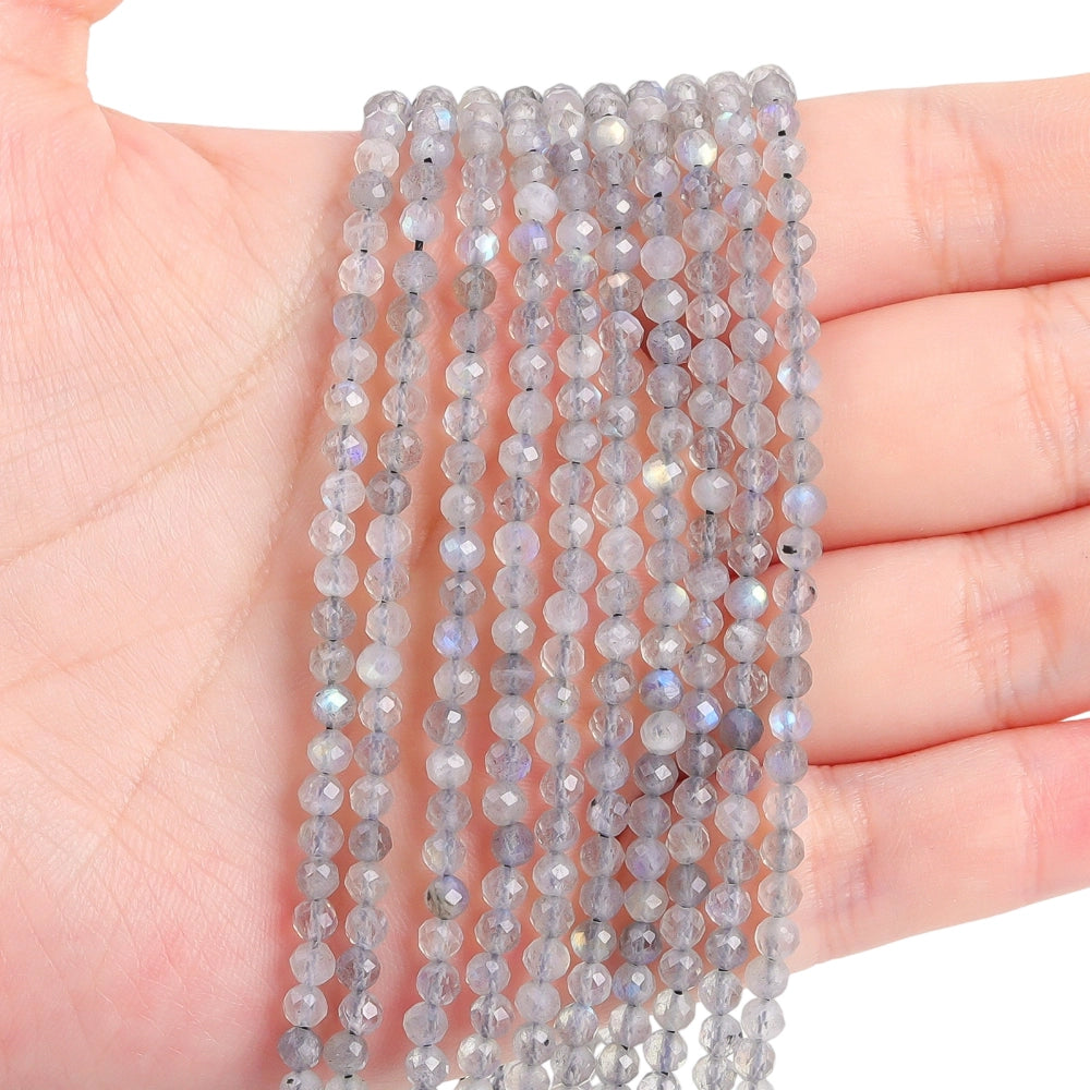Natural labradorite micro faceted beads in 2mm, 3mm, 4mm. Iridescent grey stone spacer beads for delicate bracelets and DIY jewelry making
