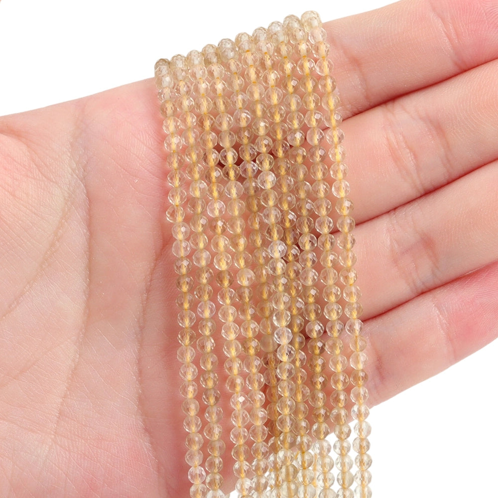 Natural lemon quartz micro faceted beads in 2mm, 3mm, 4mm. Pale yellow stone spacer beads for delicate bracelets and DIY jewelry making